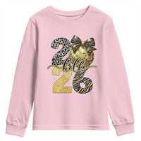 Happy New Year 2026 Youth Sweatshirt Hello 2026 Disco Ball Coquette Bow Faux Glitter - Wonder Print Shop