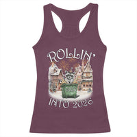 Funny Raccoon Rollin Into 2026 Racerback Tank Top New Year Dumpster Fire Firework - Wonder Print Shop