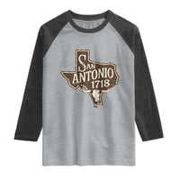 Vintage San Antonio Texas Est 1718 Longhorn Cow Skull Raglan Shirt