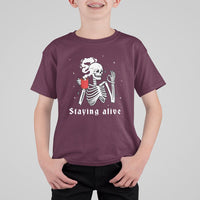 Funny Skull T Shirt For Kid Staying Alive Skeleton Drink Coffee - Wonder Print Shop