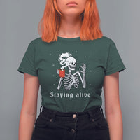 Funny Skull T Shirt For Women Staying Alive Skeleton Drink Coffee - Wonder Print Shop