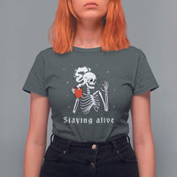 Funny Skull T Shirt For Women Staying Alive Skeleton Drink Coffee - Wonder Print Shop