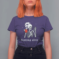 Funny Skull T Shirt For Women Staying Alive Skeleton Drink Coffee - Wonder Print Shop