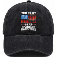 Funny Time To Get Star Spangled Hammered Washed Cotton Baseball Cap 4th of July Drinking Beer Pong Red Cup American Flag