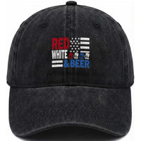 Funny American Drinking Washed Cotton Baseball Cap Red White And Beer 4th Of July USA Flag