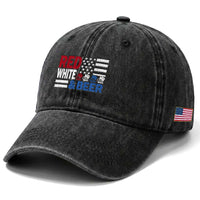 Funny American Drinking Washed Cotton Baseball Cap Red White And Beer 4th Of July USA Flag