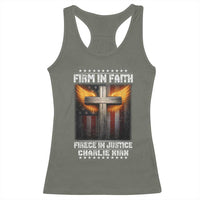 Firm In Faith Fierce In Justice Charlie Kirk Racerback Tank Top Christian Cross American Flag - Wonder Print Shop