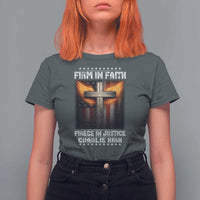 Firm In Faith Fierce In Justice Charlie Kirk T Shirt For Women Christian Cross American Flag - Wonder Print Shop