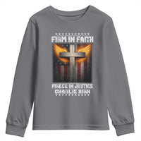 Firm In Faith Fierce In Justice Charlie Kirk Youth Sweatshirt Christian Cross American Flag - Wonder Print Shop