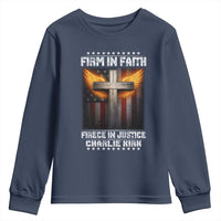 Firm In Faith Fierce In Justice Charlie Kirk Youth Sweatshirt Christian Cross American Flag - Wonder Print Shop