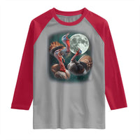 Funny Three Turkey Moon Raglan Shirt Weird Cursed Thanksgiving Meme - Wonder Print Shop