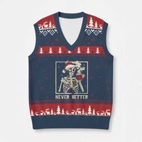 Funny Christmas Never Better V-Neck Knit Sweater Vest Skeleton Drinking Coffee - Wonder Print Shop