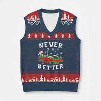 Funny Halloween Christmas Never Better V-Neck Knit Sweater Vest Xmas Skeleton Coffin - Wonder Print Shop