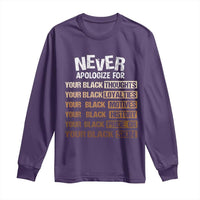 Never Apologize For Your Black Thoughts Loyalties Motives History Pride Or Skin Long Sleeve Shirt African American Black History Month