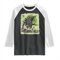 Funny St Patrick's Day Japanese Giant Monster Raglan Shirt Vintage Shamrock Tsunami