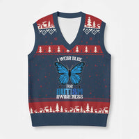 I Wear Blue For Autism Awareness V-Neck Knit Sweater Vest Blue Butterfly Puzzle Pieces
