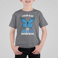 I Wear Blue For Autism Awareness T Shirt For Kid Blue Butterfly Puzzle Pieces