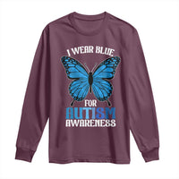 I Wear Blue For Autism Awareness Long Sleeve Shirt Blue Butterfly Puzzle Pieces