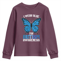 I Wear Blue For Autism Awareness Youth Sweatshirt Blue Butterfly Puzzle Pieces
