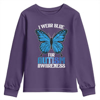 I Wear Blue For Autism Awareness Youth Sweatshirt Blue Butterfly Puzzle Pieces