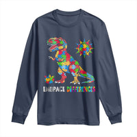 Funny Autism Awareness Embrace Differences Long Sleeve Shirt Puzzle Dinosaur