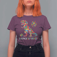 Funny Autism Awareness Embrace Differences T Shirt For Women Puzzle Dinosaur