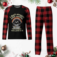 Funny I Don't Struggle With Autism I'm Actually Very Good At It Plaid Pajama Set Autistic Racoon
