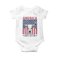 Funny 4th Of July Western Baby Onesie America EST 1776 Long Horn Skull - Wonder Print Shop
