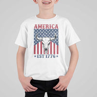 Funny 4th Of July Western T Shirt For Kid America EST 1776 Long Horn Skull - Wonder Print Shop