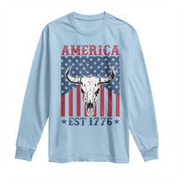 Funny 4th Of July Western Long Sleeve Shirt America EST 1776 Long Horn Skull - Wonder Print Shop