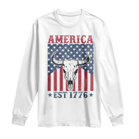 Funny 4th Of July Western Long Sleeve Shirt America EST 1776 Long Horn Skull - Wonder Print Shop
