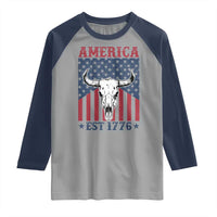 Funny 4th Of July Western Raglan Shirt America EST 1776 Long Horn Skull - Wonder Print Shop