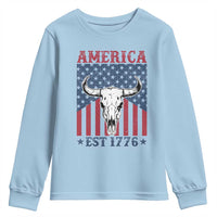 Funny 4th Of July Western Youth Sweatshirt America EST 1776 Long Horn Skull - Wonder Print Shop