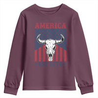 Funny 4th Of July Western Youth Sweatshirt America EST 1776 Long Horn Skull - Wonder Print Shop