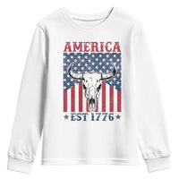 Funny 4th Of July Western Youth Sweatshirt America EST 1776 Long Horn Skull - Wonder Print Shop