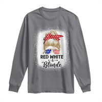 Funny 4th Of July Red White And Blonde Long Sleeve Shirt Messy Bun Girl American Flag Sunglasses - Wonder Print Shop