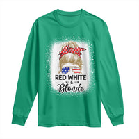 Funny 4th Of July Red White And Blonde Long Sleeve Shirt Messy Bun Girl American Flag Sunglasses - Wonder Print Shop