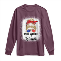 Funny 4th Of July Red White And Blonde Long Sleeve Shirt Messy Bun Girl American Flag Sunglasses - Wonder Print Shop