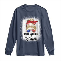 Funny 4th Of July Red White And Blonde Long Sleeve Shirt Messy Bun Girl American Flag Sunglasses - Wonder Print Shop