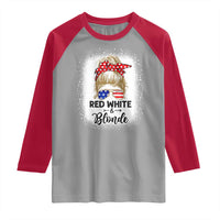 Funny 4th Of July Red White And Blonde Raglan Shirt Messy Bun Girl American Flag Sunglasses - Wonder Print Shop