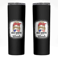 Funny 4th Of July Red White And Blonde Skinny Tumbler Messy Bun Girl American Flag Sunglasses - Wonder Print Shop