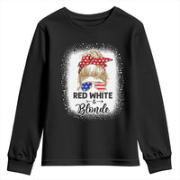 Funny 4th Of July Red White And Blonde Youth Sweatshirt Messy Bun Girl American Flag Sunglasses - Wonder Print Shop