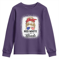 Funny 4th Of July Red White And Blonde Youth Sweatshirt Messy Bun Girl American Flag Sunglasses - Wonder Print Shop