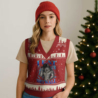 I Eat Drywall Funny Alpha Wolf V-Neck Knit Sweater Vest Stupid Brainrot Meme Edging Werewolf Boootleg Graphic