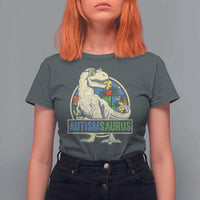 Funny Autism Awareness Dinosaur T Shirt For Women Autismsaurus Puzzle Pieces