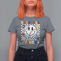 Funny Baseball Vibes T Shirt For Women Retro Groove Green Ball Smiley Face - Wonder Print Shop