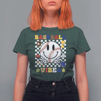 Funny Baseball Vibes T Shirt For Women Retro Groove Green Ball Smiley Face - Wonder Print Shop