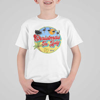 Funny Christmas In July T Shirt For Kid Flamingo With Santa Claus Palm Tree - Wonder Print Shop