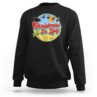 Funny Christmas In July Sweatshirt Flamingo With Santa Claus Palm Tree - Wonder Print Shop