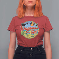 Funny Christmas In July T Shirt For Women Flamingo With Santa Claus Palm Tree - Wonder Print Shop